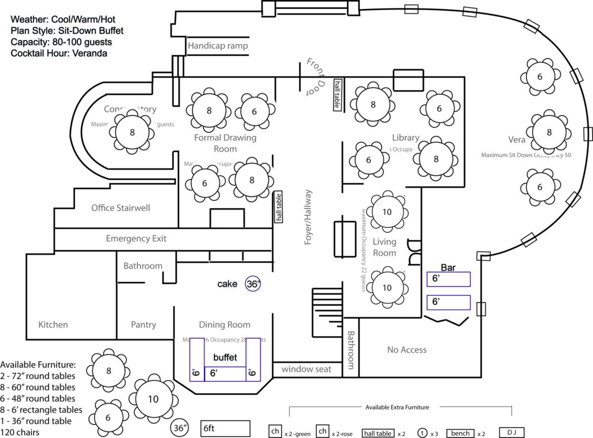 Plan Style: Sit-Down Buffet Capacity: 80-100 guests Cocktail Hour: Veranda